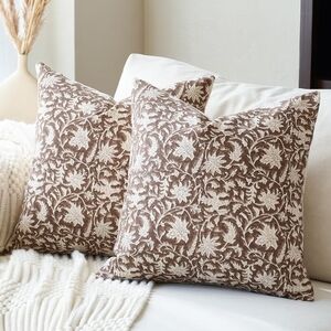 Set Of 2 Cotton Floral Brown and Cream Accent Pillow Covers Size 24 X 24